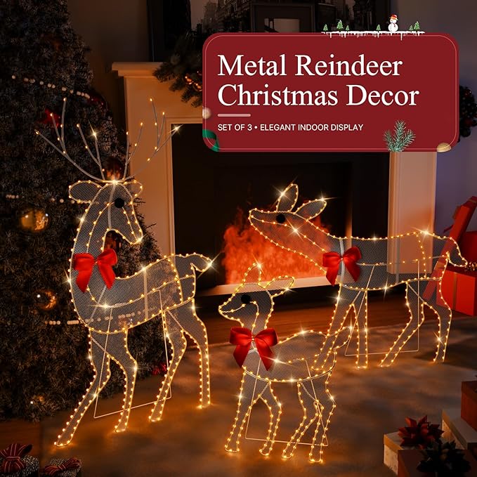 [3-Piece Reindeer Christmas Decorations Outdoor] 2D Lighted Deer Family with 260 LED Light. Durable Yard Lawn Holiday Decor, Outdoor Lighted Holiday Display for Yard Lawn Garden-White