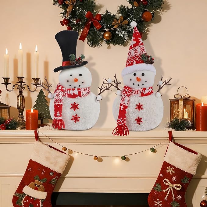 2 Pack 16 Inch Christmas Plush Snowman Doll Tabletop Decorations, Christmas Snowman Ornaments for Home Kitchen Xmas Holiday Party Decor