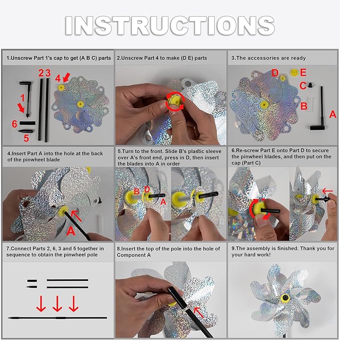 12 Pcs Reflective Pinwheels with Stakes, Sparkly Garden Pinwheels, Silver Wind Spinners for Yard and Garden
