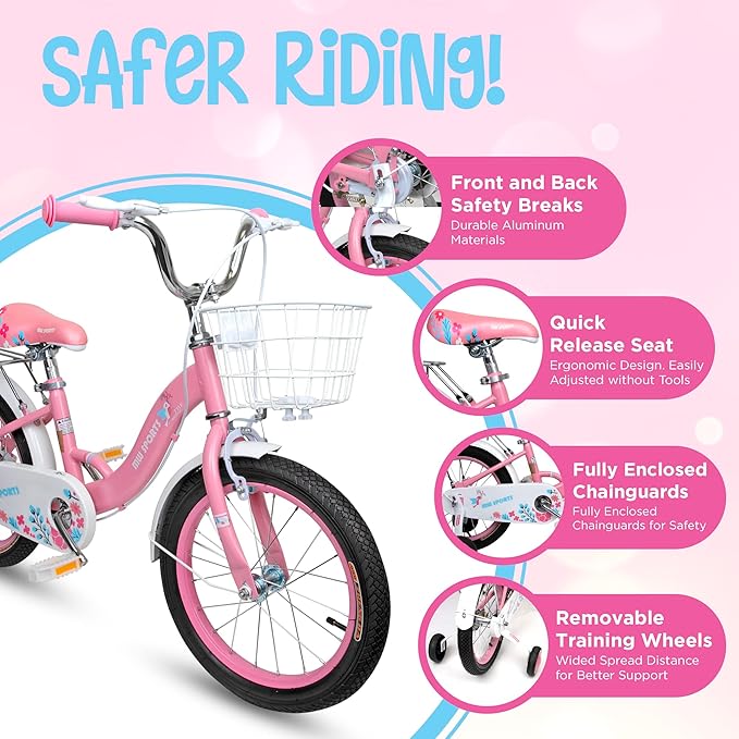 Slippery Racer MW Sports 16 inch Kids Bike with Removable Training Wheels, Hand Brakes and Back Relay Rack for Ages 4-6 Years.