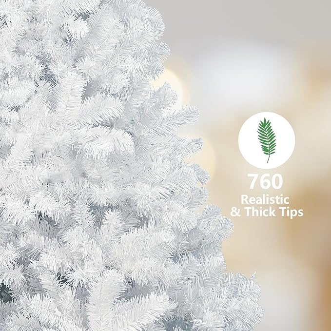 6ft White Christmas Tree with 760 Steel Branch Tip,Unlit Premium Full Hinged Spruce Christmas Tree with Foldable Base, Artificial Xmas Tree for Easy Holiday Setup