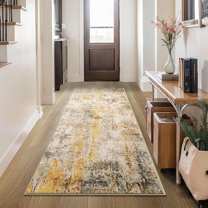 2x6 Beige Rug Runners for Hallways Kitchen Runner Rug Non Slip Washable Tan Long Runner Rugs with Rubber Backing Soft Abstract Carpet Runner for Bedroom, Kitchen, Bathroom, Entryway