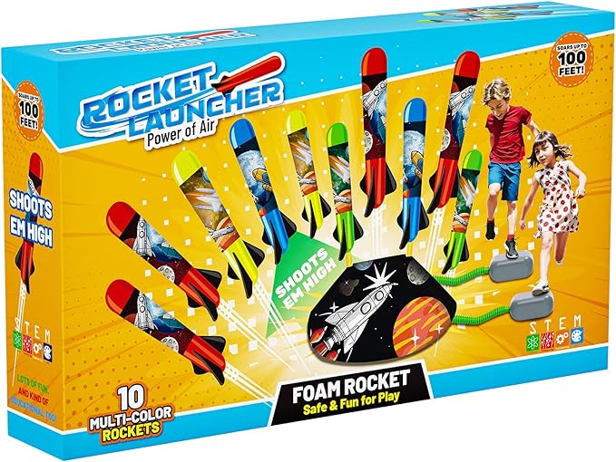 Multi-Color Rocket Launcher for Kids - Foam Blaster Set with 10 Rockets, Soars Up to 100 Feet - Birthday & Christmas Toys for Boys & Girls Age 3-12