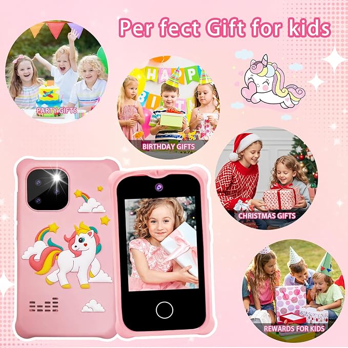Kids Smart Phone, Christmas Birthday Gifts for Girls Age 3-12, 2.8" Touchscreen Toddler Learning Play Toy Phone with Dual Camera, Game, Music Player, 32GB Card （Pink）