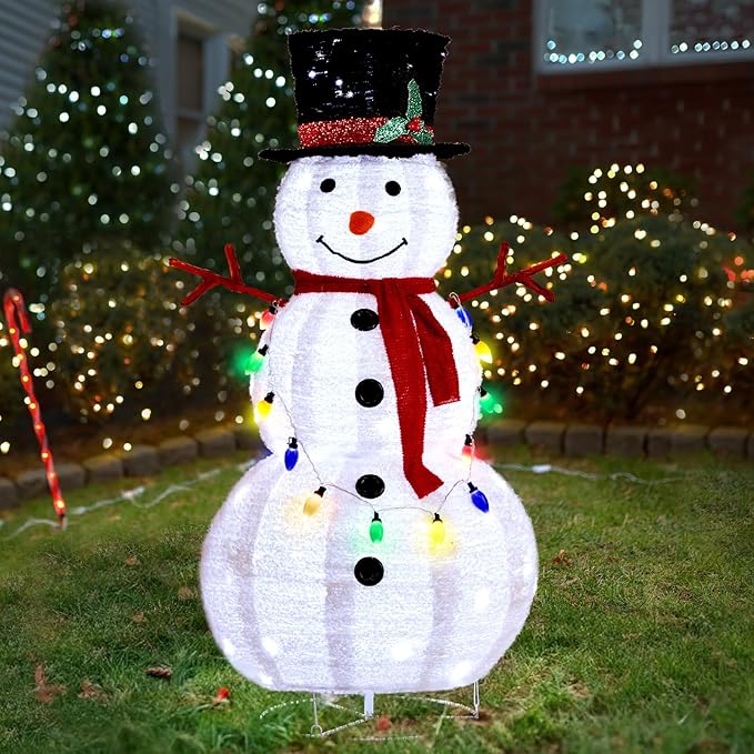Outvita Outdoor Christmas Decorations 4ft Lighted Snowman, White Snowman with Twinkle Lights Red Scarf Black Hat & Colorful Lights, Foldable Snowman for Xmas Indoor and Outdoor Garden, Yard Decor