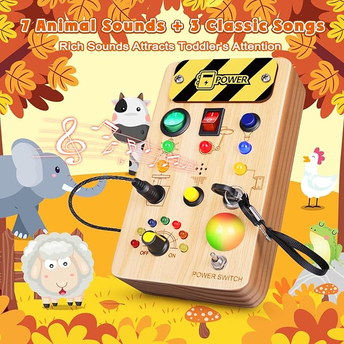 Busy Board Montessori Toys for Toddler, Wooden Sensory Board Switch Toy with Color-Changing LED Light Up Travel Toys Educational Plane Travel Activity for 1-6 Year Old Girls & Boys Gifts