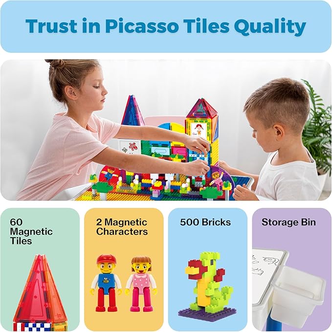 PicassoTiles 585pc Kids Activity Table with Magnetic Tiles and Bricks STEM Pretend Play Learning with Reversible Brick Whiteboard Tabletop Storage Bins and Extra Add-On Toys Boys Girls Ages 3+ PBT585