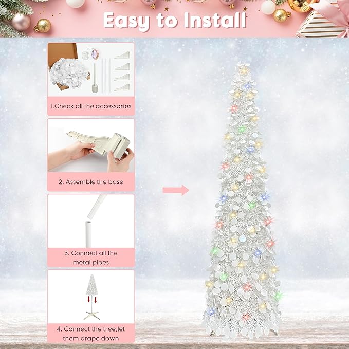 BTU Pop Up Christmas Tree, 5FT Collapsible Artificial Christmas Tree with 90 LED Lights, Tinsel Small Pencil Christmas Tree for Home Holiday Fireplace Party Indoor Outdoor Xmas Decorations (White)