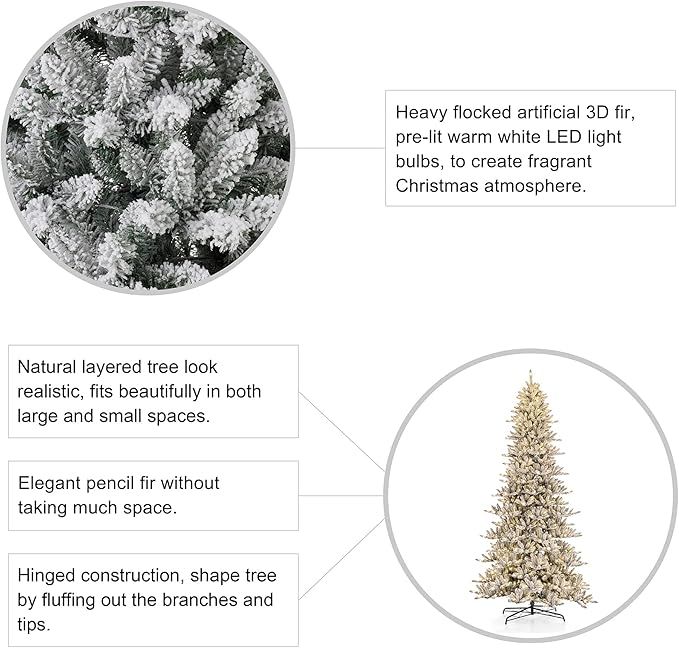 Glitzhome 11ft Pre-Lit Flocked Artificial Christmas Tree Slim Fir Tree Lighted Hinged Holiday Xmas Tree with 950 Lights Foldable Base for Home Office Party Decoration