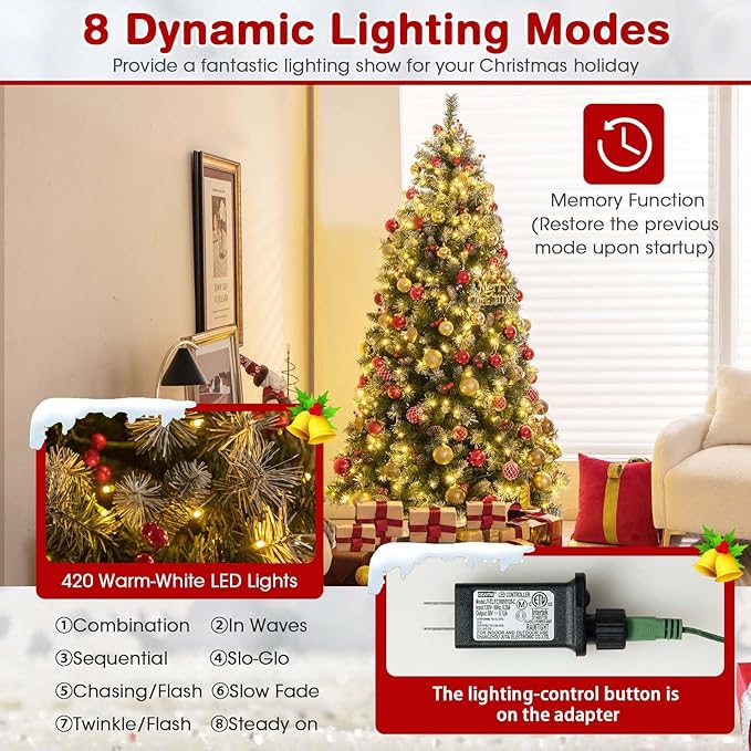 Goplus 6.5ft Pre-Lit Christmas Tree, Artificial Hinged Xmas Tree with 420 Warm-White LED Lights, 8 Lighting Modes, 909 Branch Tips, Red Berries & Pinecones, for Holiday Party Office Home Decor
