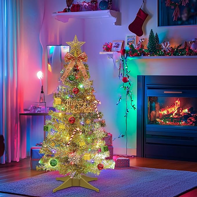 3Ft Small Christmas Tree with Timer Remote, 8 Modes 50 Warm White&Colorful Change Lights, 3D Star&44 Ornaments, Battery Operated, Mini Christmas Tree Table Indoor Holiday Party Decor