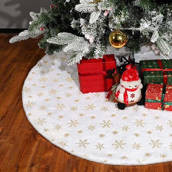 60 Inch Christmas Tree Skirt - Vonhen Large Snowy White Faur Fur Tree Skirt for Merry Christmas Party Christmas Tree Decorations White Plush Gold Sequin Snowflake