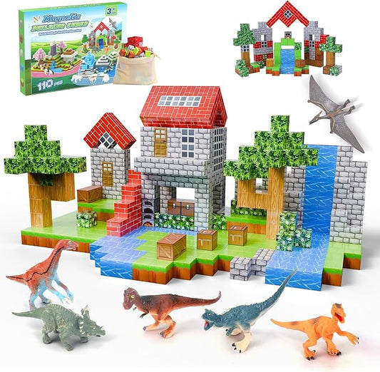 Magnetic Blocks 110PCS with 6 Dinosaur Toys, Building Blocks Set, Toys for Boys & Girls Age 4-6,6-8, Stacking Building for Toddlers Kids 3+(Jungle & Dinosaur)