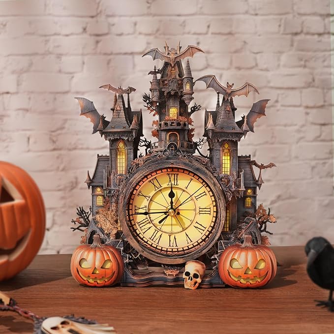 3D Puzzles for Adults Clock-Halloween Cottage Design Model Kit-Mechanical DIY Pendulum Clock with Roman Numerals-Desk Home Office Decor Personalized Gift for DIY Lovers