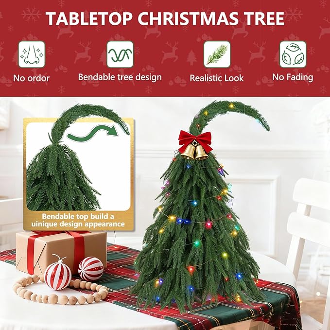 Tabletop Norfolk Pine Christmas Tree, 3FT Green Mini Artificial Christmas Tree with Norfolk Branch, Small Xmas Tree for Christmas Holiday Indoor Decoration