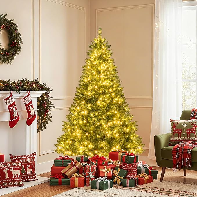 Goplus 6 FT Pre-Lit Artificial Christmas Tree, Hinged Xmas Tree with 814 Branch Tips, 700 Warm White LED Lights, 7 Lighting Modes & Folding Metal Stand, Seasonal Decoration Tree for Home Party Holiday