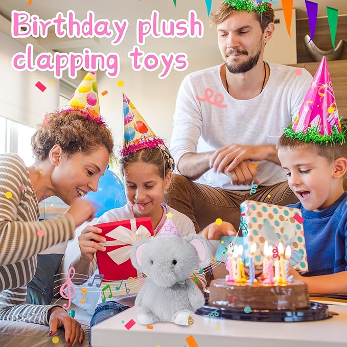 Birthday Elephant Plush Toy Clap Activated with Voice Recording Singing Dancing Interactive Stuffed Animal Gift for Toddler Kids Boys Girls