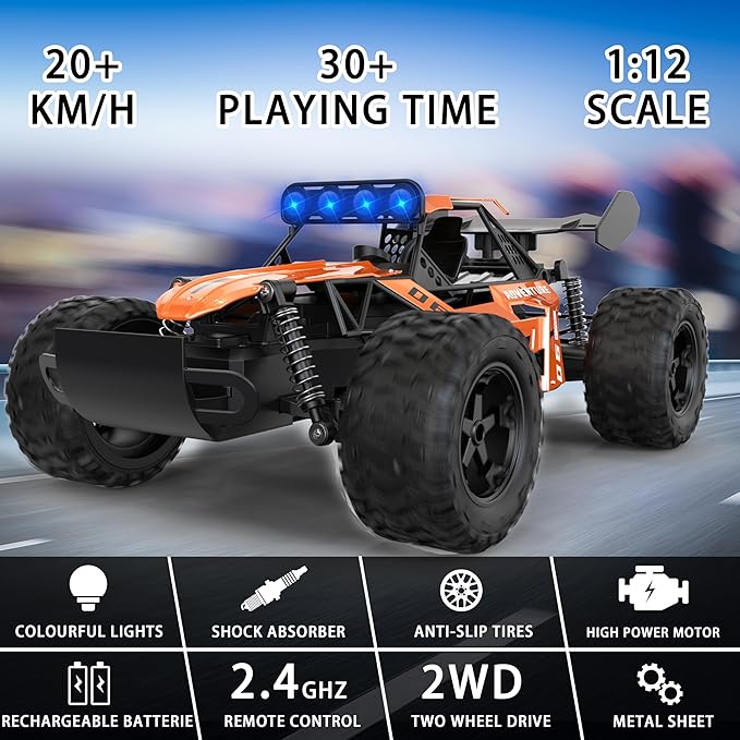 1:12 Scale RC Car for Kids Ages 3-5-7, Fast Remote Control Monster Truck 2WD 20km/h Off-Road Toy, Alloy Shell, LED Lights, Off Road for Boys 4-7 & Beginners, 30 Minutes Play Time