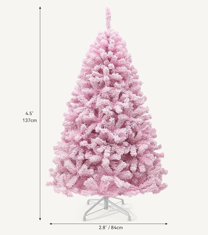 DWVO 4.5ft Pre-lit Pink Christmas Tree with Lights, Prelit Atificial Trees with 400 Tips & 200 UL Listed Lights, Automatic Branches & Easy Assembly for Home Party