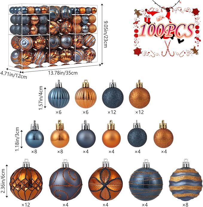 100Pcs Christmas Ball Ornaments Set, Shatterproof Plastic Blue & Orange Christmas Ornaments for Xmas Tree, Assorted Baubles Hanging Decorations for Holiday/Party/Wedding (Blue & Orange)