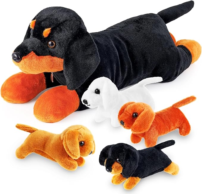 5 Pcs Dachshund Dog Plush Mommy Stuffed Animal with Baby Plush Sausage Dog Soft for Girls Birthday Xmas Bedtime Gift Bed Rest Chair Bolster Nursery Decoration(Lying Dachshund)