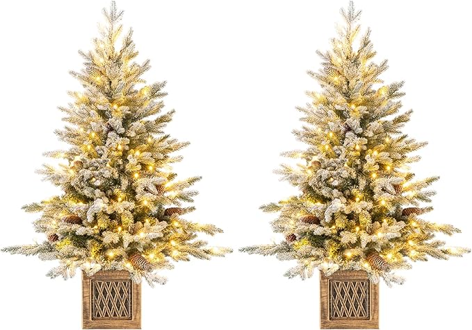 Goplus 4 FT Pre-lit Entrance Christmas Tree, 2 Pack Artificial Snow Flocked Xmas Tree with 231 Branch Tips, 100 LED Lights, 15 Pine Cones & Vintage Base, for Home Office Decor
