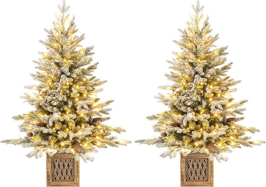 Goplus 4 FT Pre-lit Entrance Christmas Tree, 2 Pack Artificial Snow Flocked Xmas Tree with 231 Branch Tips, 100 LED Lights, 15 Pine Cones & Vintage Base, for Home Office Decor