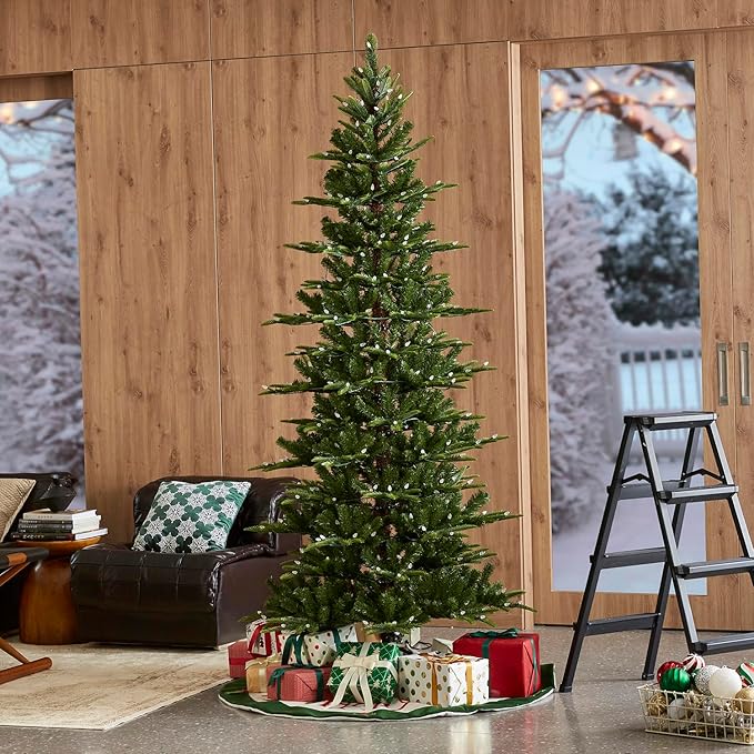 Glitzhome 7.5ft Artificial Prelit Christmas Tree, Cascade Evergreen Slim Christmas Tree with 350 Strawberry Lights,998 PE&PVC Tips, 9 Functional Warm White/Multi-Color, Remote Controller