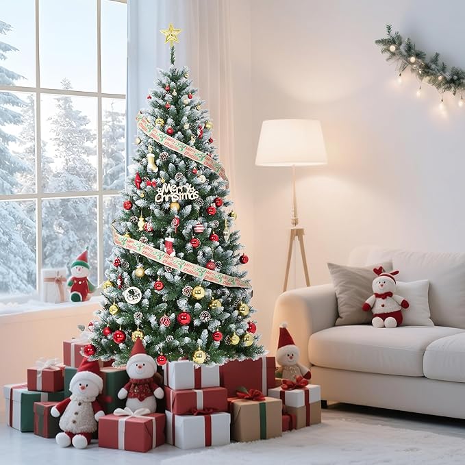 2025 Christmas Pre-Lit Pencil Tree 7.5FT with Lights, Automatic White Spray Artificial Xmas Tree with Pinecone, Decor for Christmas Holiday