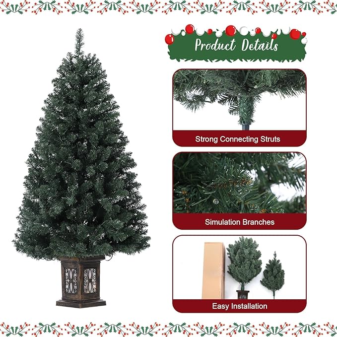 Garvee Pre-lit Artificial Christmas Tree with Warm White Lights, Green Full Christmas Tree 4.5 ft with 8 Light-Modes, Pre Lighted Xmas Tree W/460 Branch Tips, 300 Light & Antique Urn Base,2 PCS