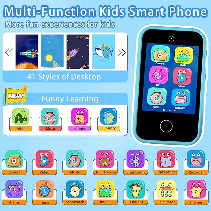 Kids Smart Phone, Shark Toys Phone for Boys 3-12 , Dual Camera, 2.8'' Touchscreen Kid Phones, Educational Toy for Toddler Kids Christmas Birthday Gifts, ABC Learning, Habit Tracker 32 GB Card Blue