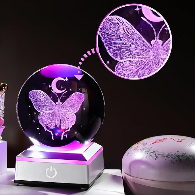 3D Crystal Butterfly Ball Gifts for Women, Gifts Ideas for Wife Mom Girlfriend Couple Her, Butterfly with Star Moon in Crystal Ball 3.15in with Colorful LED Light Base Home Office Decor