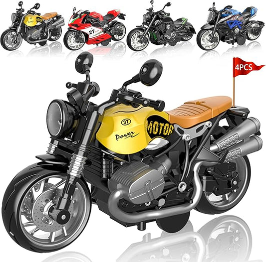 4-Pack Pull-Back Motorcycle Toys - Friction Powered Kids Toy Cars with Lights, Sounds & Automatic Drive for Boys & Girls Aged 3-12