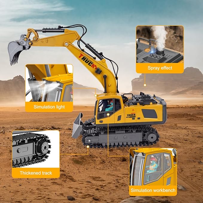 Remote Control Excavator Toys for Ages 6-12 Boys, 13 Channel RC Excavator Construction Toys with Metal Shovel, Spray, Lighting, Sounds, Birthday Gifts for Kids 5-7 8 9 10 11 Year Old