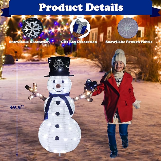 Outdoor Snowman Lighted, Pop-Up Snowman Outdoor Yard Christmas Decorations Prelit 100 Lights, Collapsible Lighted Snowmen Wears Blue Scarf and Holds Light Up Gift Box for Home Porch Yard Décor-Blue