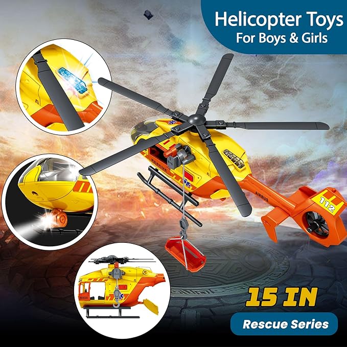 Wenbeier Rescue Helicopter Toys for Boys with Hanging Basket Airplane Toy with Lights and Sound Rescue Vehicles Toys for Kids Aged 3 4 5 6 7