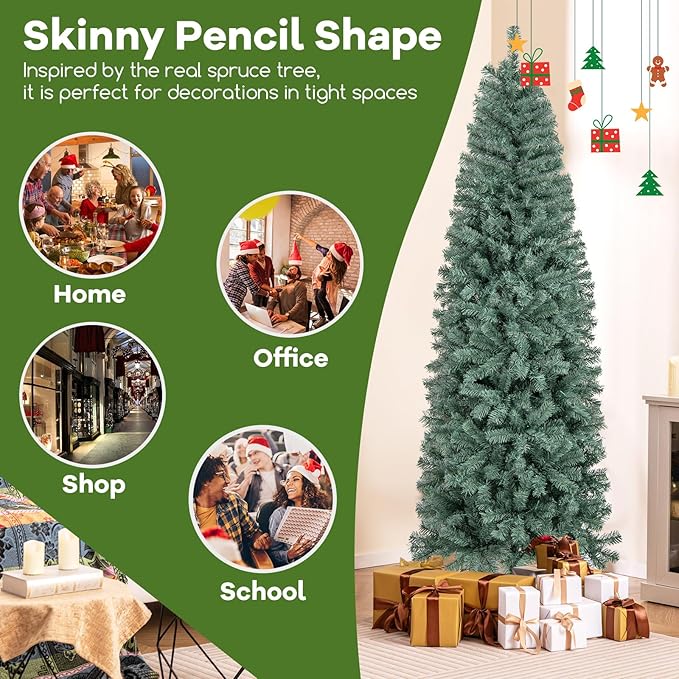 GOFLAME 7.5FT Pre-Lit Pencil Christmas Tree, Hinged Artificial Xmas Tree with 724 Branch Tips, 250 LED Lights, 9 Lighting Modes & Folding Metal Stand, Slim Holiday Decoration Tree for Home Party