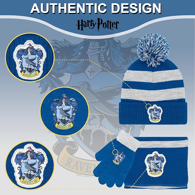 Harry Potter Winter Hat and Gloves with Set, Gryffindor, Slytherin, Hufflepuff, Ravenclaw, Winter Set 5-13 Year Olds