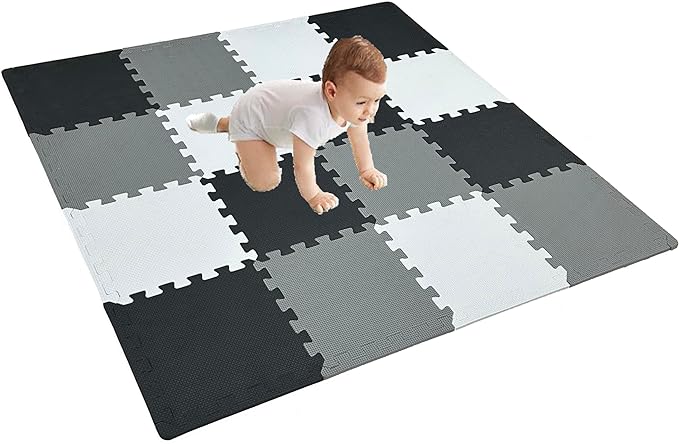 16 Pieces Foam Play Mat with Border, Interlocking Playmat Tiles, Foam Floor Mat Tiles for Kids, Puzzle Play Mats, Exercise Gym Mats – Color of Black & Grey & White