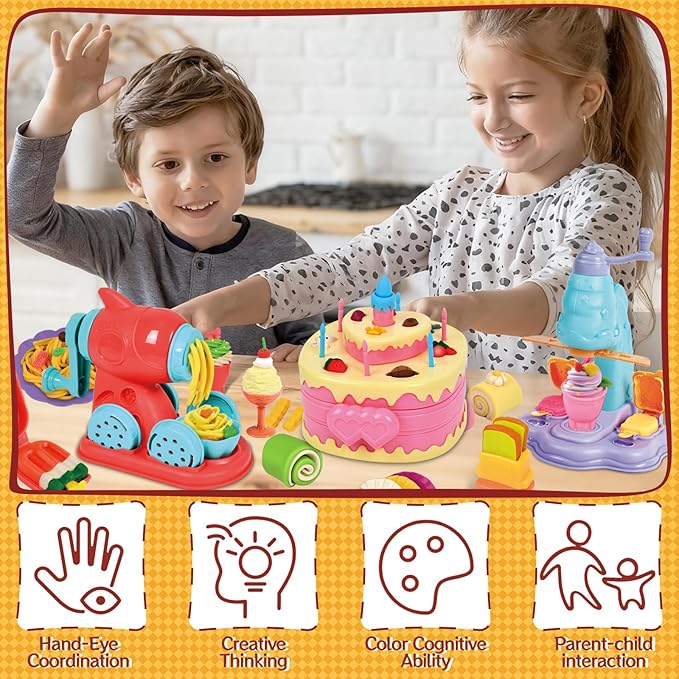 104 PCS 4 in 1 Color Dough Sets for Kids Ages 3-4-8, Dough Tools Accessories Kit, Ice Cream Playset Noodle Cookie Cake Maker, Pretend Play Kitchen Creations Food Toys Arts Crafts for Toddler Girl Boy