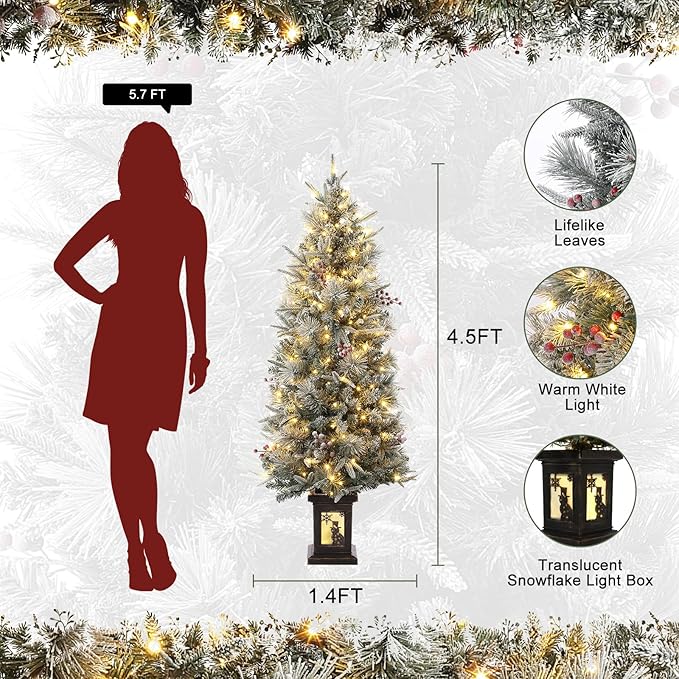 GarveeHome 4.5 ft Pre-Lit Flocked Artificial Christmas Tree with Pine Cones, Artificial Xmas Tree w/ 386 Branch Tips & 200 Lights, Snowman Base for Home, Party Decoration,2 PCS