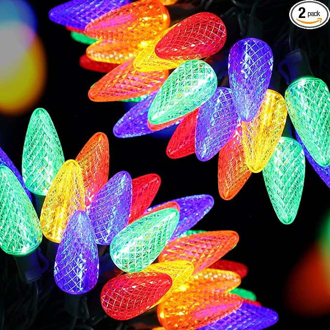 2-Set C9 LED Christmas String Lights, 33.3ft 50 LED Waterproof Decorative Light Strand, Extendable Green Wire String Lights for House, Christmas Tree, Patio, Party Decoration, Multicolor