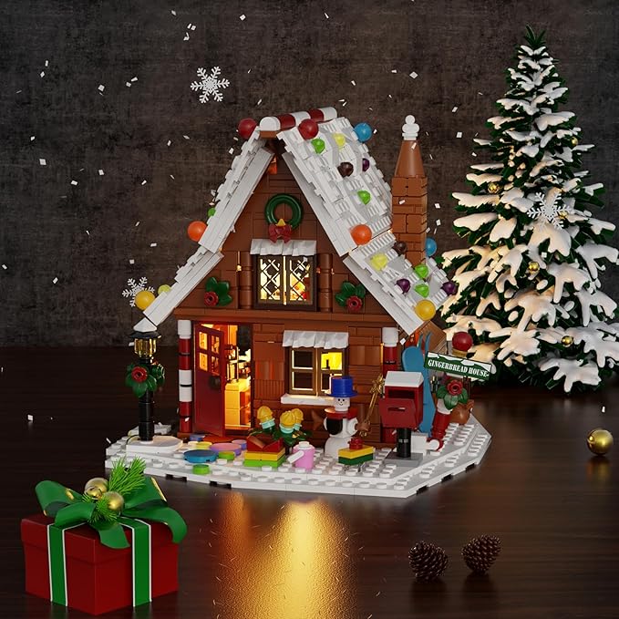 Christmas Gingerbread House Building Kit with LED Lights, Christmas Village House Blocks Set, Compatible with Lego, Xmas Decorative Gifts for Girls and Boys, Kids and Adults, Ages 6+