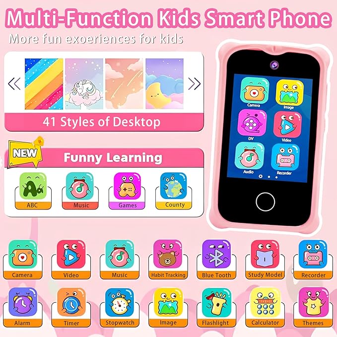 Kids Smart Phone, Christmas Birthday Gifts for Girls Age 3-12, 2.8" Touchscreen Toddler Learning Play Toy Phone with Dual Camera, Game, Music Player, 32GB Card （Pink）