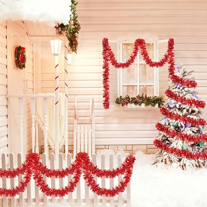 50Ft Christmas Tinsel Garland Red Xmas Tree Decorations Valentine Metallic Glitter Twist Garland for Christmas Decorations Party Anniversary Birthday Holiday Supplies Indoor Outdoor Supplies