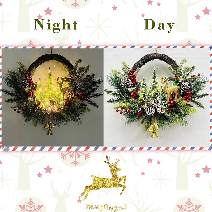 21" Pre-Lit Christmas Wreath for Front Door,Christmas Wreath Decorations with Golden Christmas Reindeer Jingle Bells Pine Cones,Christmas Door Wreath for Home Wall Window Indoor Outdoor Decor