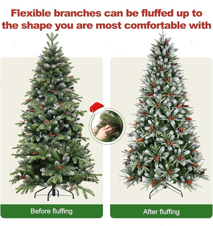 6 Ft Artificial Christmas Tree Pre-Decorated with Snow Flocked PVC&PE Tips, Pine Cones, Red Berries, Unlit Xmas Tree with Metal Stand for Hoilday Office Outdoor Christmas Decoration(Green White)