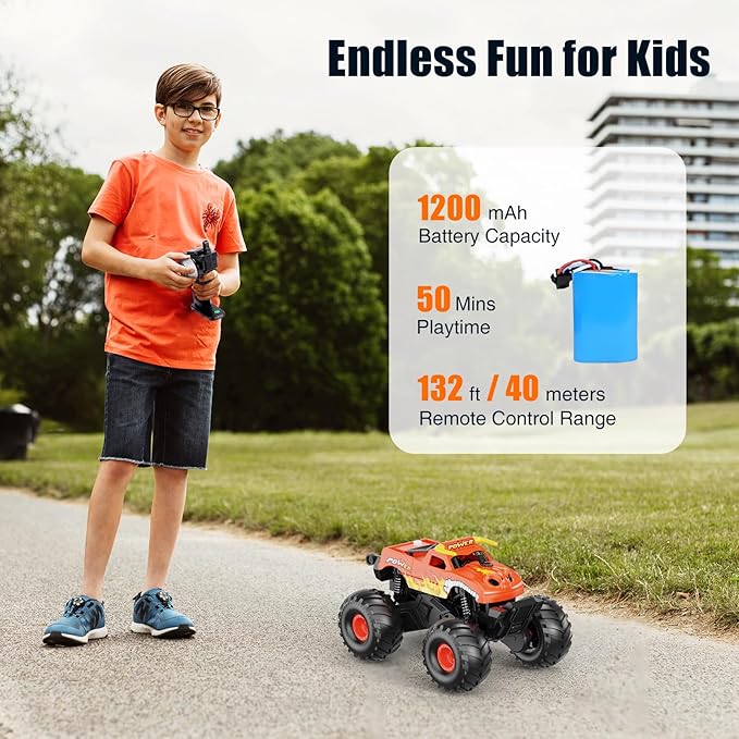 Waterproof RC Cars - 1:16 Monster Remote Control Truck, Christmas Birthday Gifts for Boys 8-12, 4WD All Terrain Off-Road RC Truck, Amphibious Pickup Toys for 8 9 10 11 12 Year Old, Orange