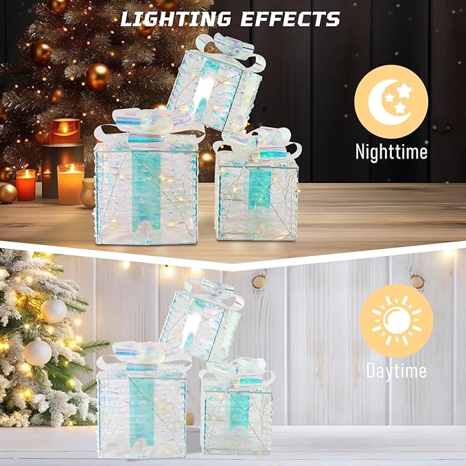 Christmas Light Gift Box Decorations, 3-Piece Set, Pre-Strung Wired Gifts with Bows, Illuminate Christmas Tree Skirt Decorations. Suitable for Indoor and Outdoor Use.（White）