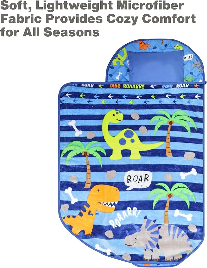 EVERYDAY KIDS Cute Preschooler and Toddler Cot Nap Mat for Home, Daycare, Preschool and Kindergarten; Easy to Roll Sleeping Mat with Elastic Straps, Pillow and Blanket